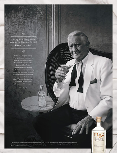 George Lazenby Melbourne Gin advertisement promo page