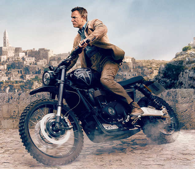 Daniel Craig as James Bond on a Triumph Scrambler 1200 XE