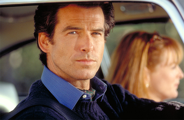 Pierce Brosnan as James Bond wears a green day cravat by British neckwear maker Tootal in the 1995 Bond film GoldenEye.