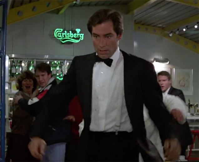 A Carlsberg neon sign is visible during the Prater café scene in The Living Daylights.