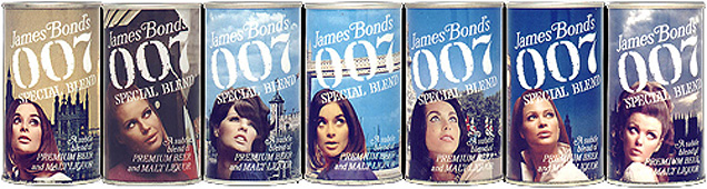 James Bond's 007 Special Blend cans feature beautiful women posing in front of famous London backdrops