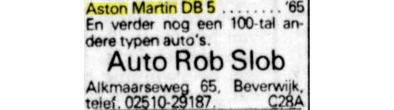 Aston Martrin DB5 for sale in The Netherlands, Telegraaf September 1978 Auto Rob Slob Beverwijk